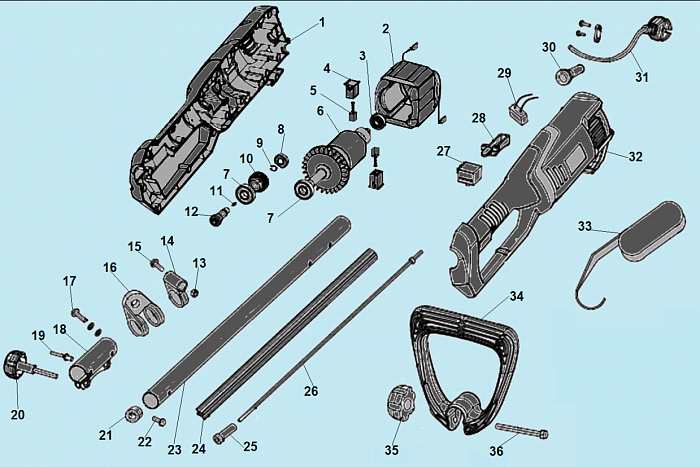1 Электродвигатель - Щетки - Якорь - Статор - Выключатель ТРИММЕР ЭЛЕКТРИЧЕСКИЙ CHAMPION ET1203А
