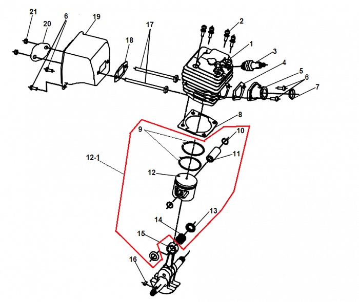 1 ПОРШЕНЬ - ЦИЛИНДР - КОЛЬЦА - КОЛЕНВАЛ БЕНЗОПИЛА CHAMPION 254-18