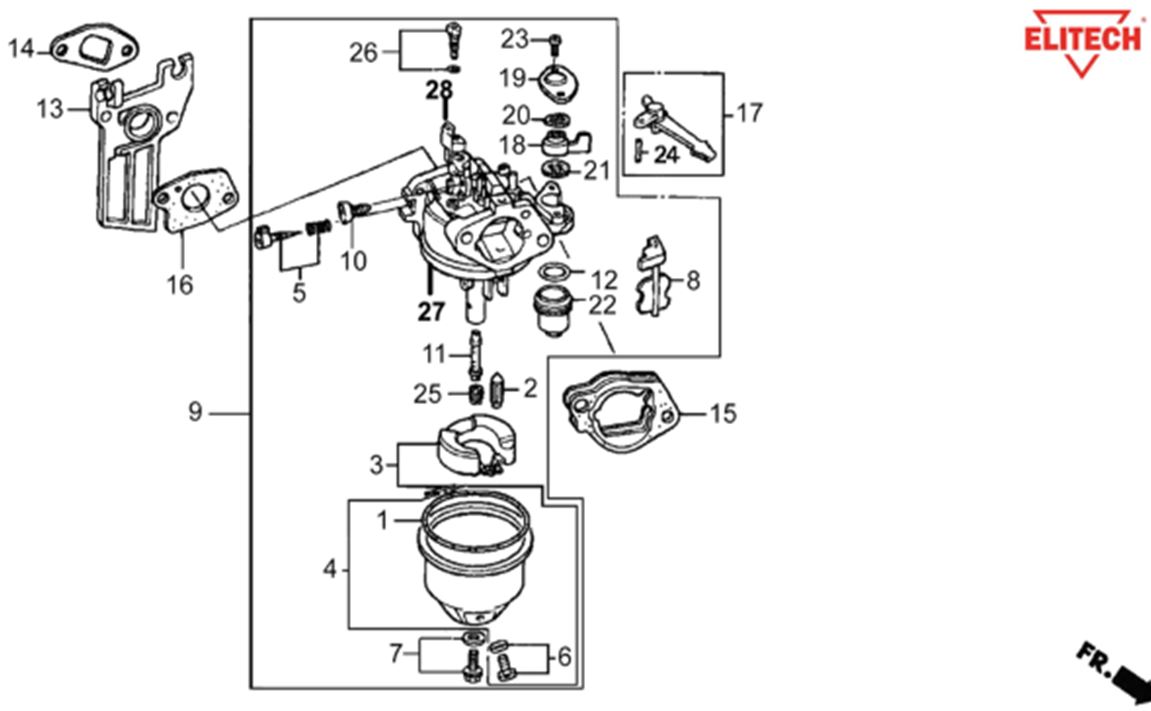 ЗАПЧАСТИ ДЛЯ МОТОПОМПЫ БЕНЗИНОВОЙ ELITECH МБ 810 Д 80 (КАРБЮРАТОР)